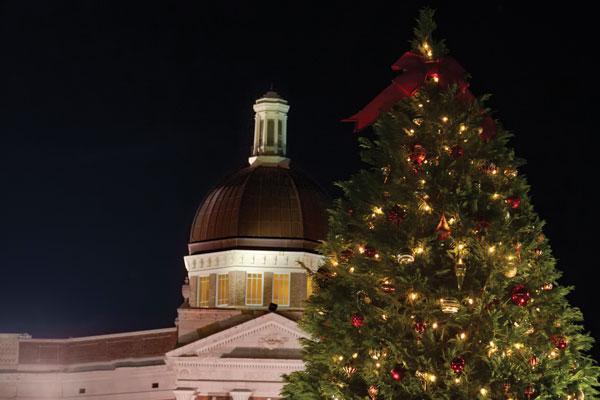 Lighting the Way for the Holidays Christmas tree in front of USM dome